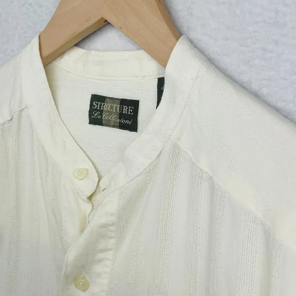 STRUCTURE Shirt Mens XL Cotton Dobby Striped Band Collar Button Up Off White VTG_6